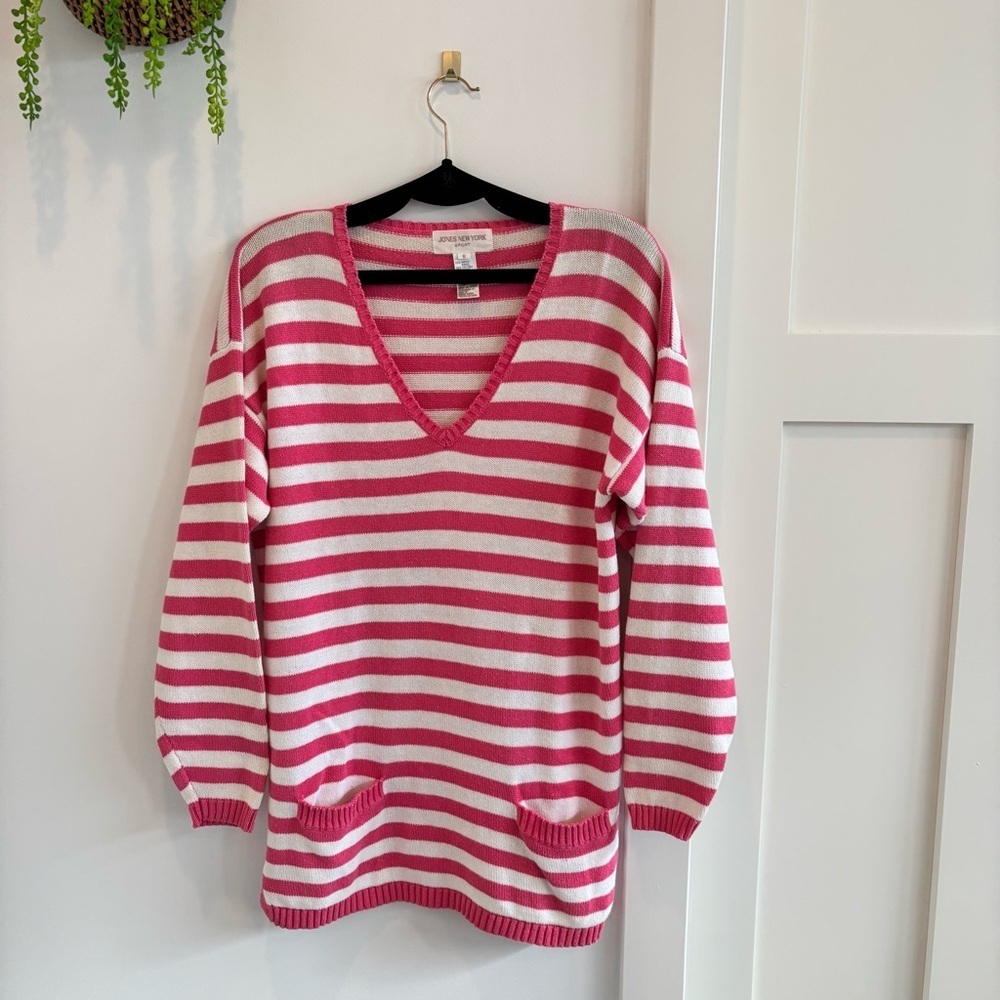 Jones New York Sport Vintage Pink & White Striped Tunic V-neck Women's Sweater S